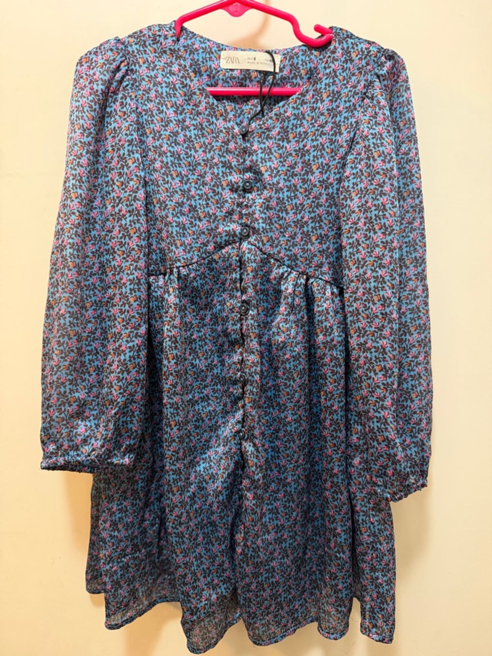 Zara Blue Floral Button-Front Silky Dress Lined Underneath - Picture 1 of 8